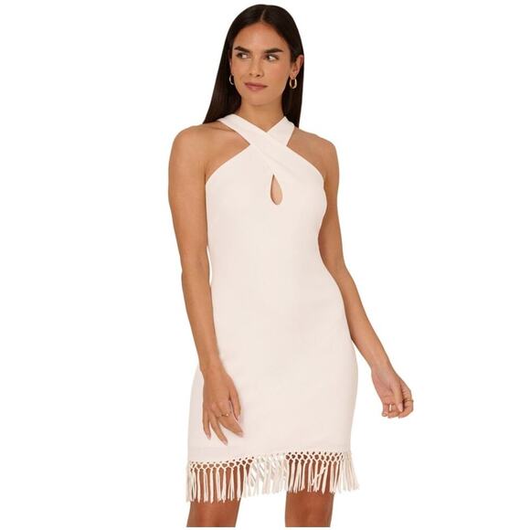 Adrianna Papell Halter top fringe trim Sheath dress white Size 6 Cocktail Party - Picture 1 of 11